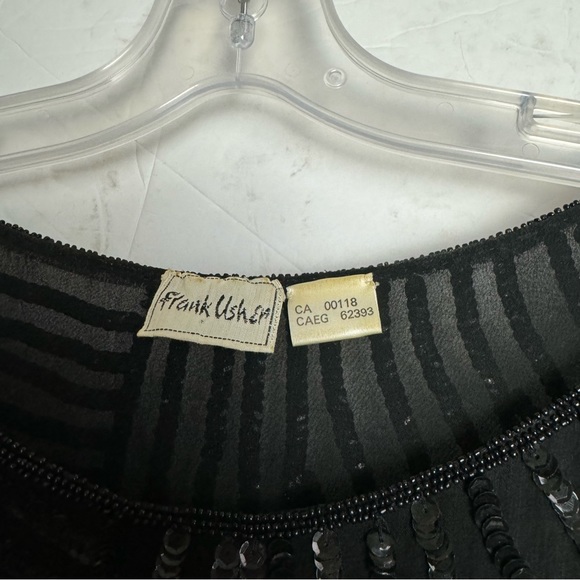 Frank Usher Vintage 1980 100% Silk Sequin Beaded Top Evening Crew Lined Black L - Picture 8 of 16